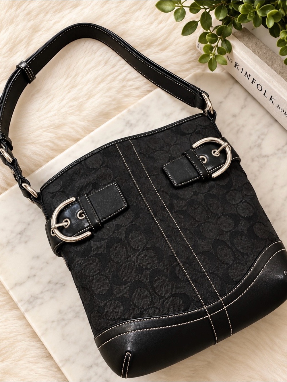 Coach Black Signature Jacquard Shoulder Bucket Bag with Buckle Details